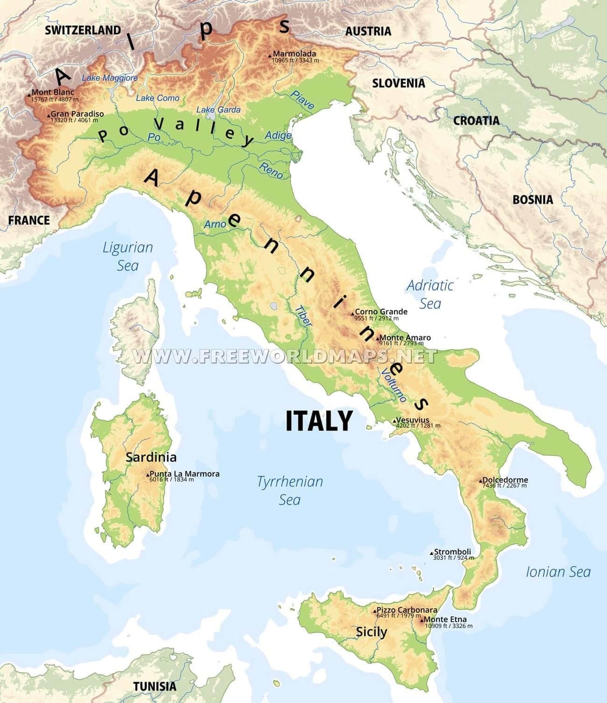 Italia caratteristiche fisiche mappa