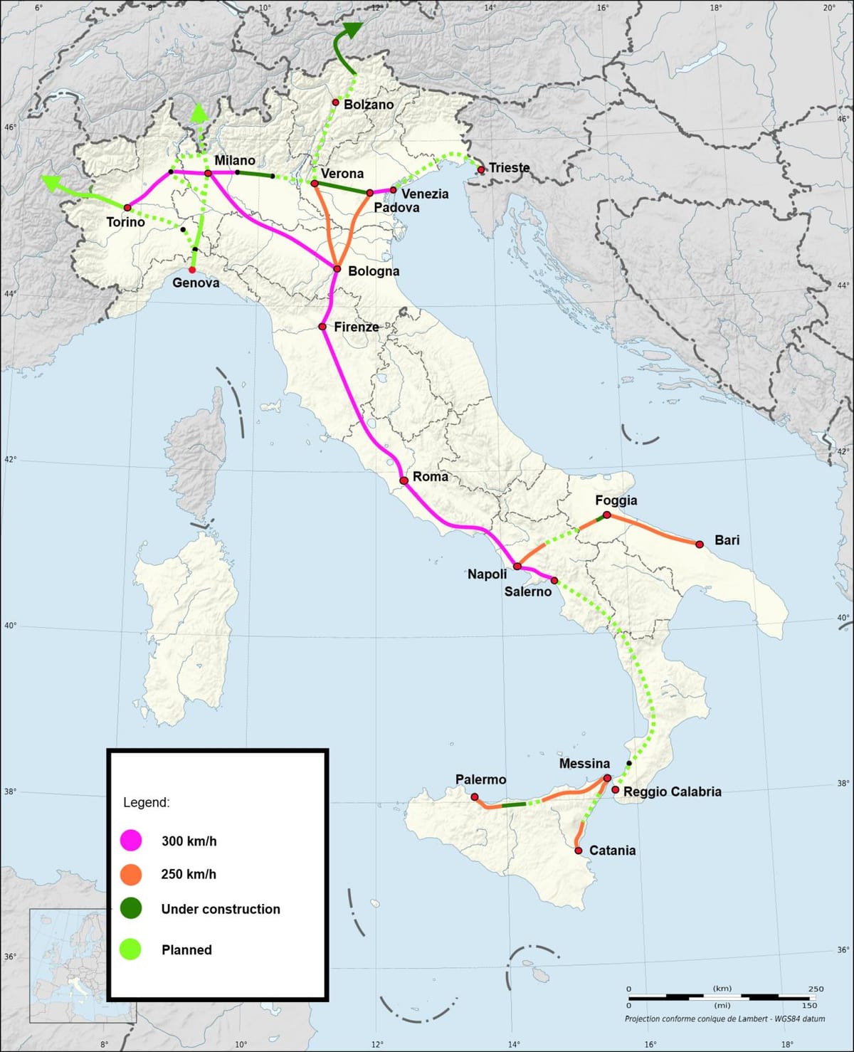 Italia alta velocità ferroviaria sulla mappa