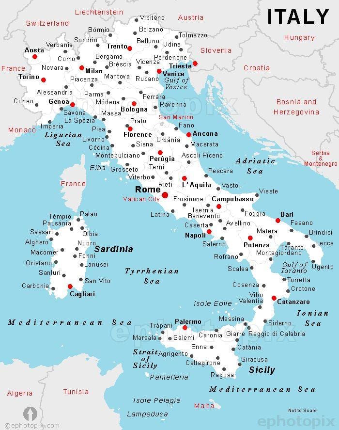 mappa dell'Italia con i nomi di città