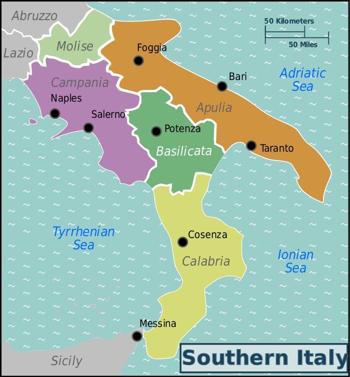 la mappa dell'Italia meridionale con la città