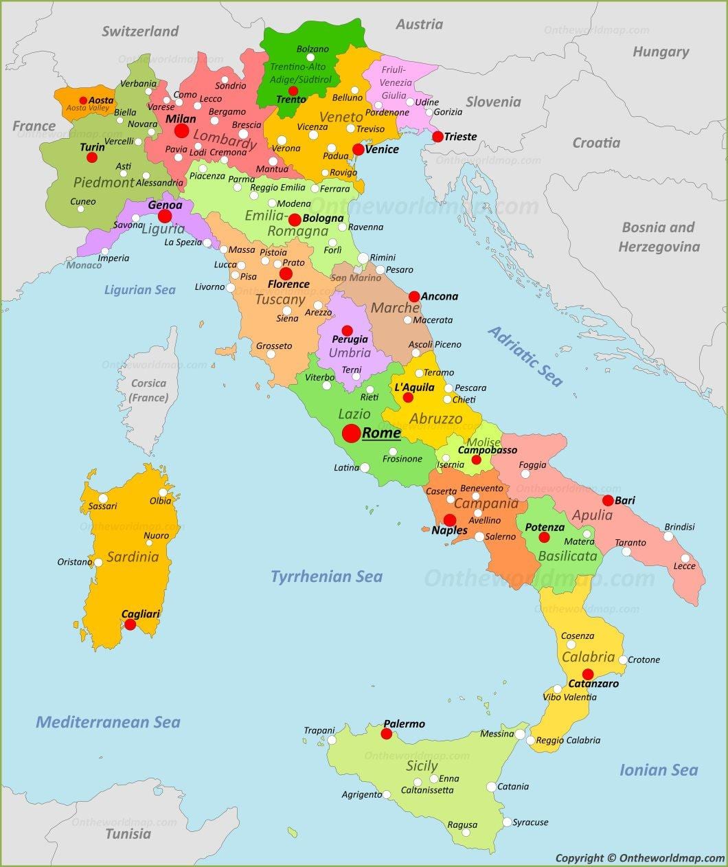 Mappa di italia con città e regioni