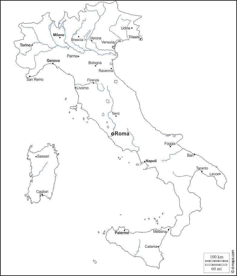 contorno mappa dell'Italia con le città