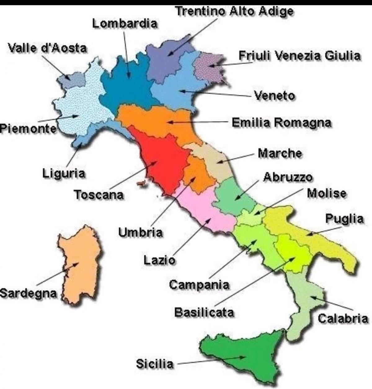 Regioni di Italia mappa con le città mappa Stampabile d'Italia, con la città (Europa del Sud