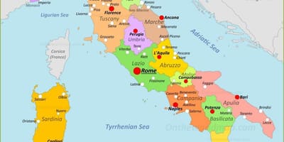 Mappa di italia con città e regioni
